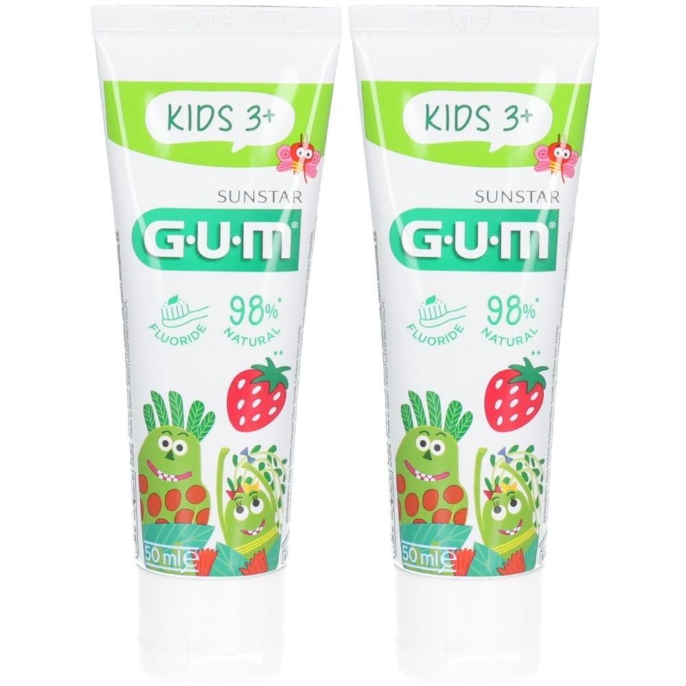 Zwei Tuben Kinderzahngel. Auf jeder Tube steht "KIDS 3+", "G.U.M", "98% natural" und eine Erdbeere. Unten steht "50 ml".