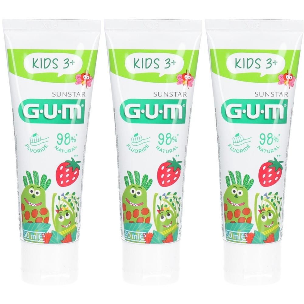 Drei Tuben Kinderzahngel. Auf jeder Tube steht "KIDS 3+", "G.U.M", Erdbeere und 98% natural. 50 ml.