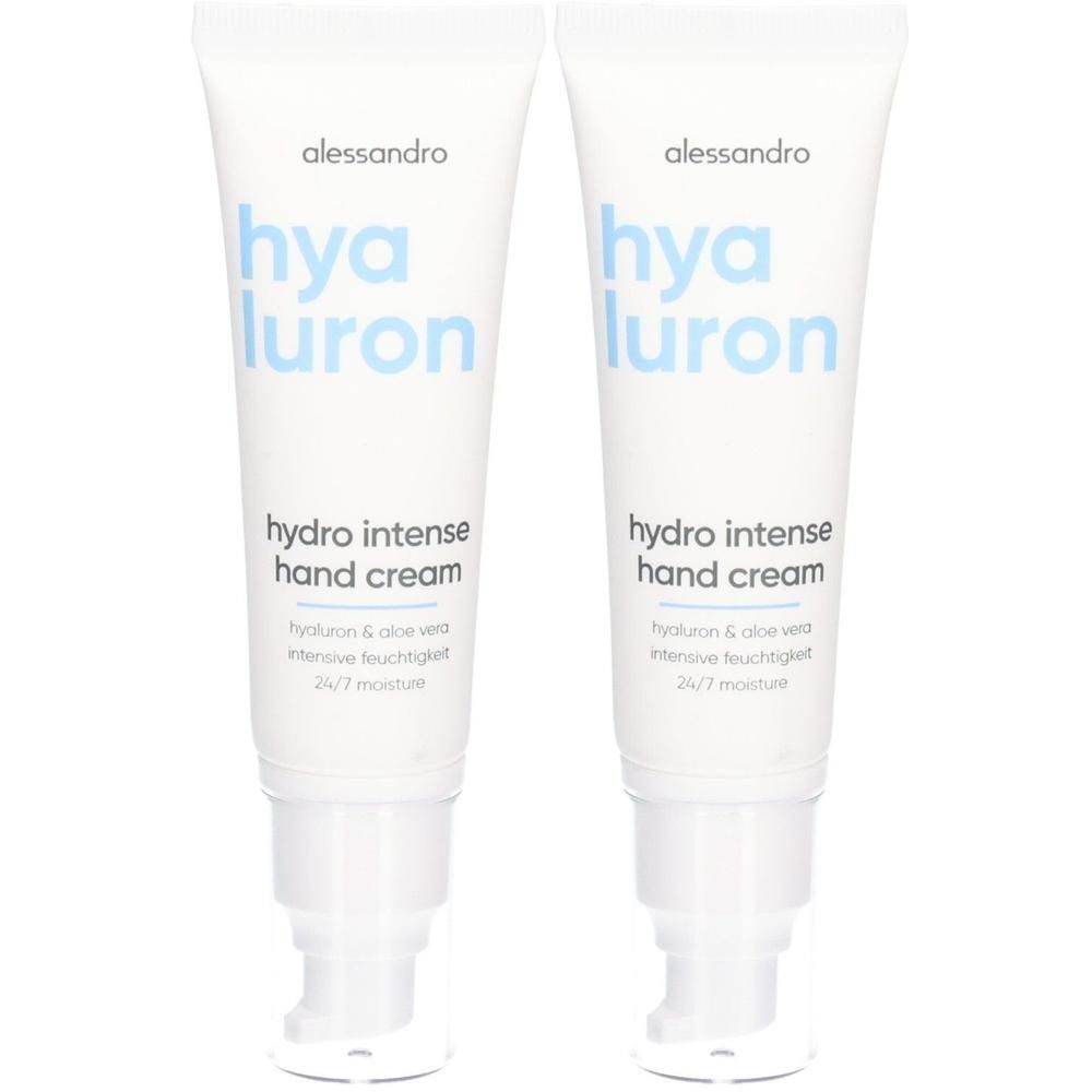 Deux tubes de crème pour les mains Alessandro Hyaluron Intense avec distributeur à pompe.