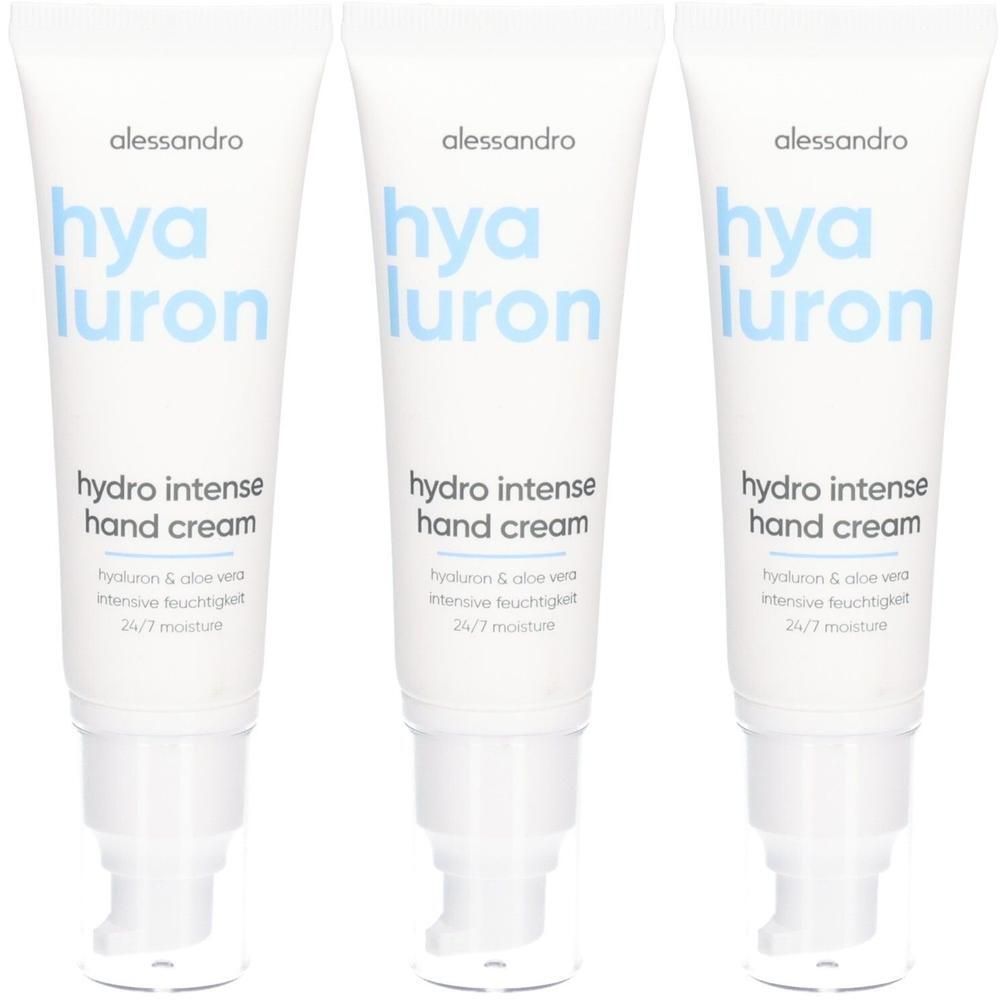 Trois tubes de crème pour les mains Alessandro Hyaluron Intense avec distributeurs à pompe.