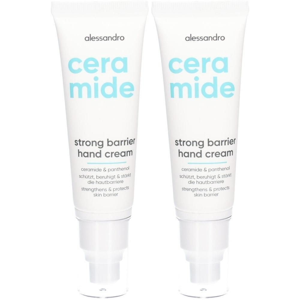 Zwei Tuben Alessandro Ceramide Strong Barrier Handcreme mit Pumpspender.
