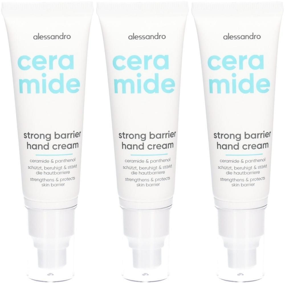 Drei Tuben Alessandro Ceramide Strong Barrier Handcreme mit Pumpspender.