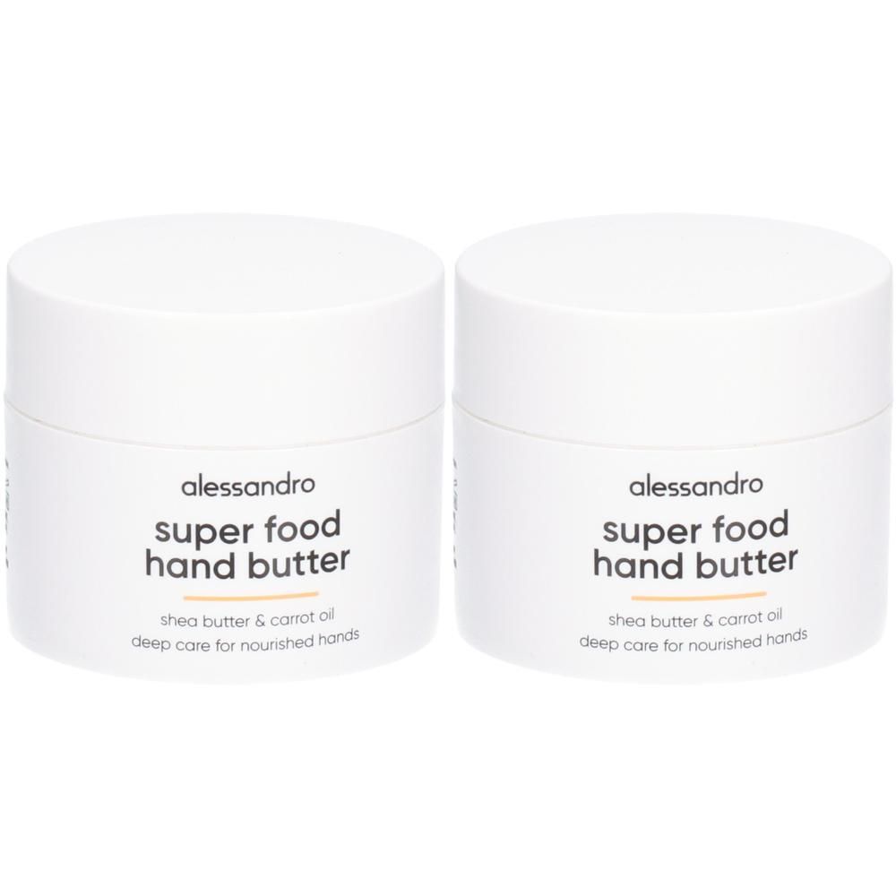 Zwei Alessandro Super Food Hand Butter Behälter mit weißen Deckeln und Etiketten.