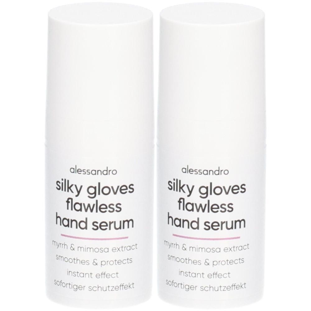 Zwei weiße Flaschen Alessandro Silky Gloves Handserum mit Etiketten.