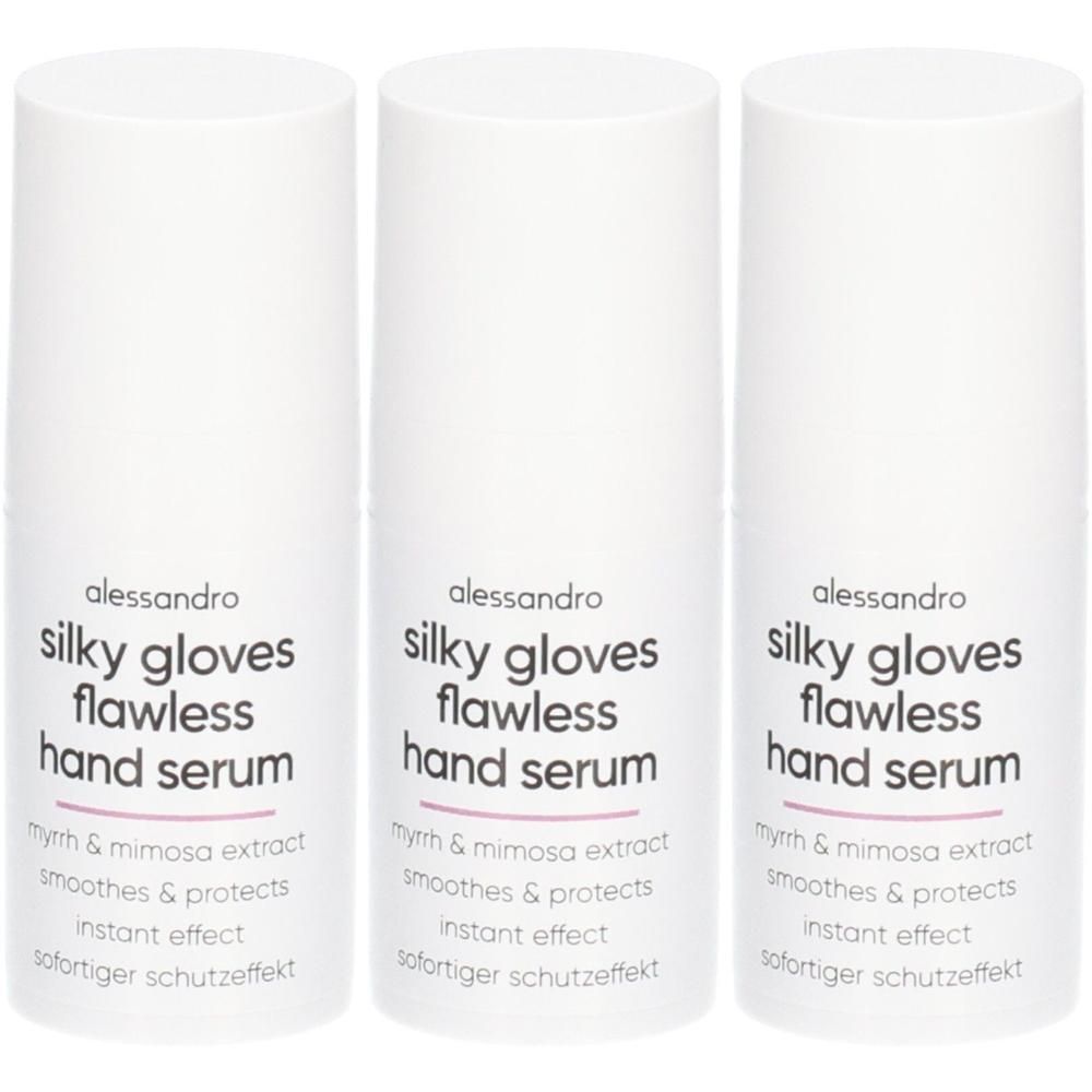 Drei weiße Flaschen Alessandro Silky Gloves Handserum mit Aufschrift.