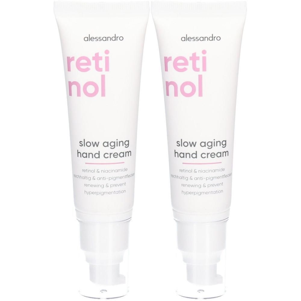 Zwei Tuben Alessandro Retinol Slow Aging Handcreme mit Pumpspender.