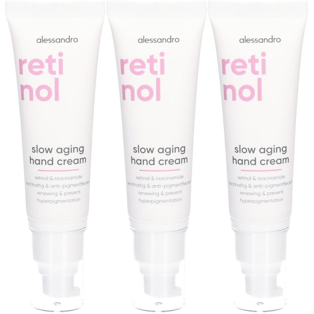 Drei Tuben Alessandro Retinol Handcreme mit Pumpspender. Text: 'retinol', 'slow aging hand cream'.