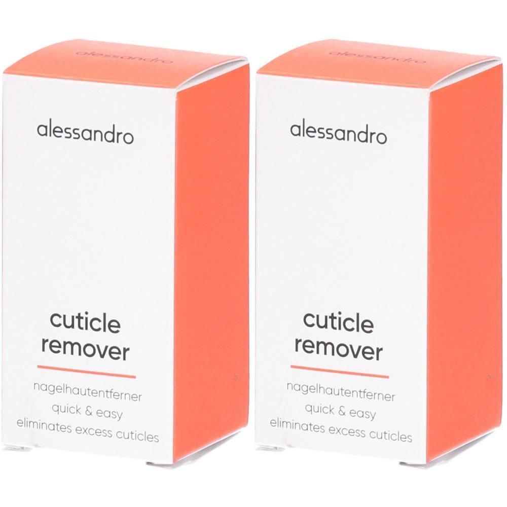 Deux boîtes de dissolvant pour cuticules Alessandro, blanches avec des accents orange. Texte : 'cuticle remover'.