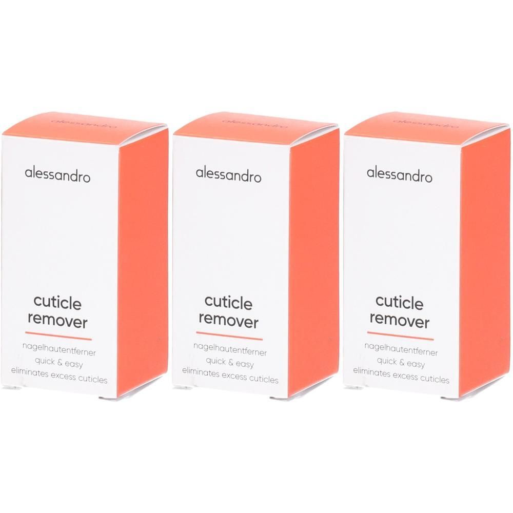 Trois boîtes de dissolvant pour cuticules Alessandro. Boîtes blanches avec accents orange et texte noir.