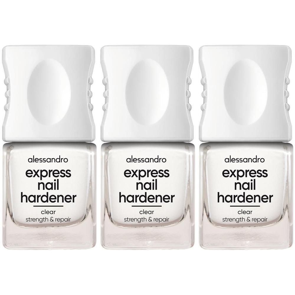 Drei Flaschen Alessandro Express Nail Hardener, klar.