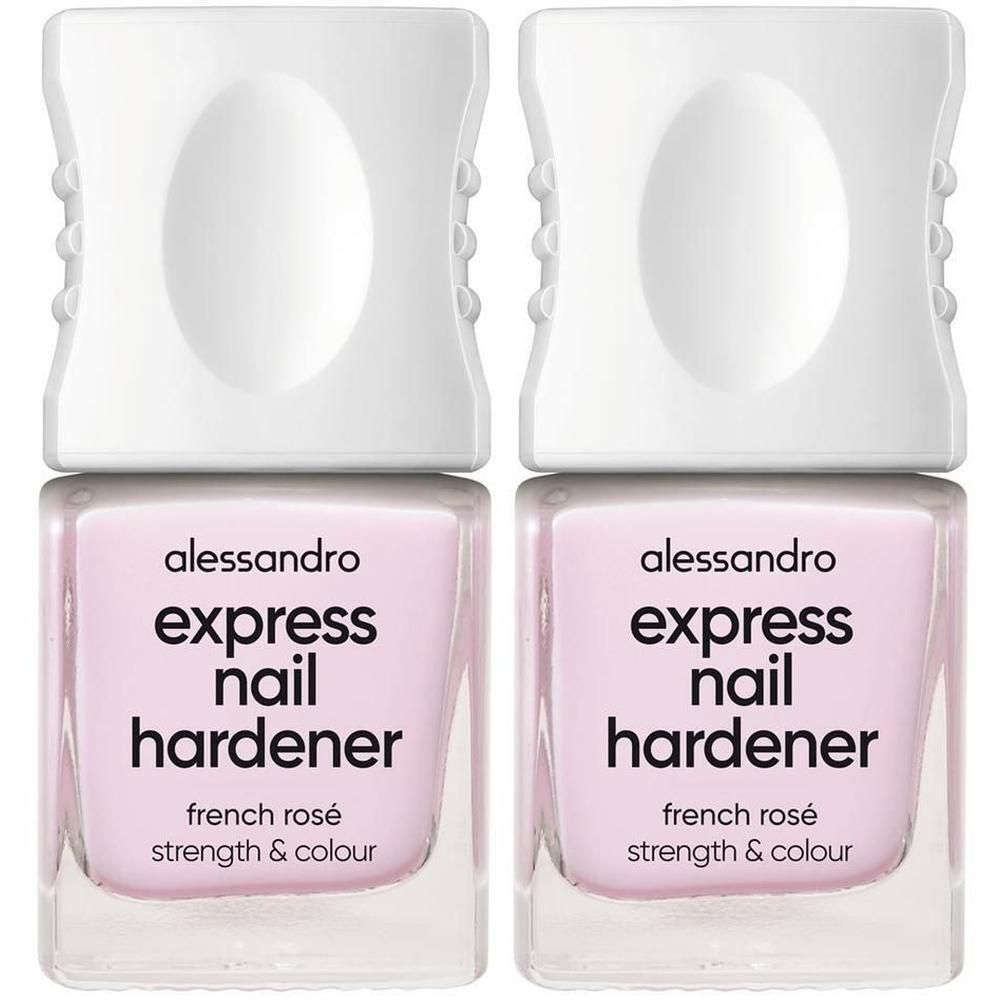 Zwei Flaschen Alessandro Express Nagelhärter French Rosé. Klare Flüssigkeit mit weißem Deckel.