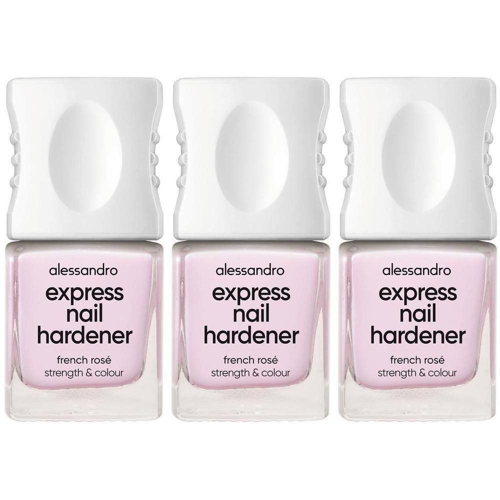 Drei Fläschchen Alessandro Express Nail Hardener in French Rosé.