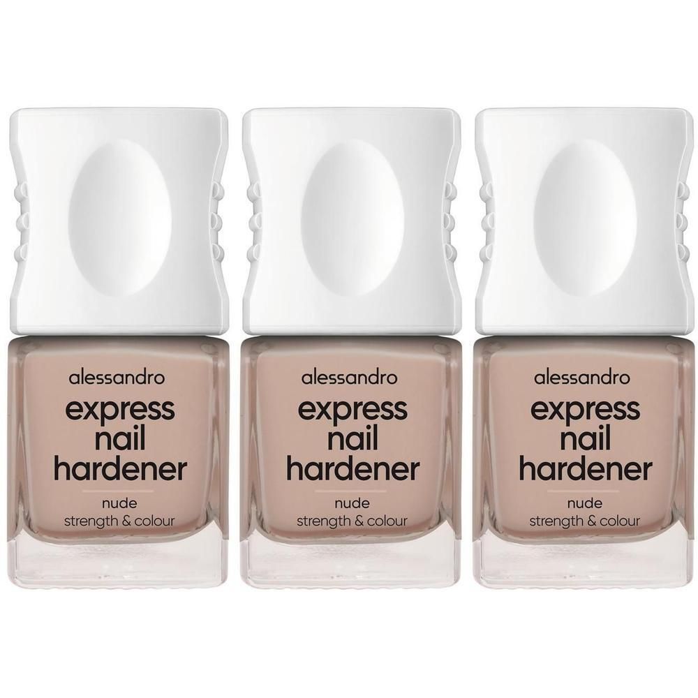 Drei Flaschen Alessandro Express Nail Hardener in Nude. Klare Flaschen mit weißen Kappen.