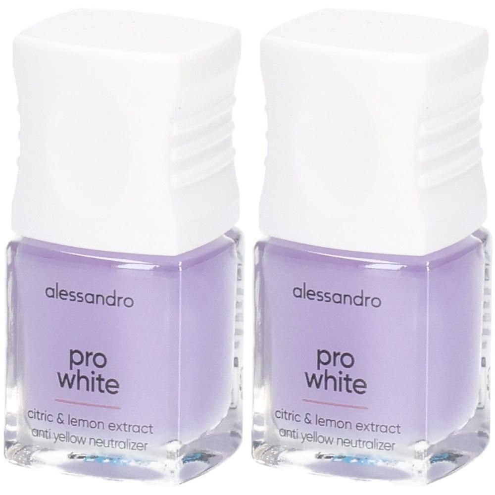 Zwei Fläschchen Alessandro Pro White Nagellack mit lila Flüssigkeit und weißem Deckel. Text: 'citric & lemon extract anti yellow neutralizer'.