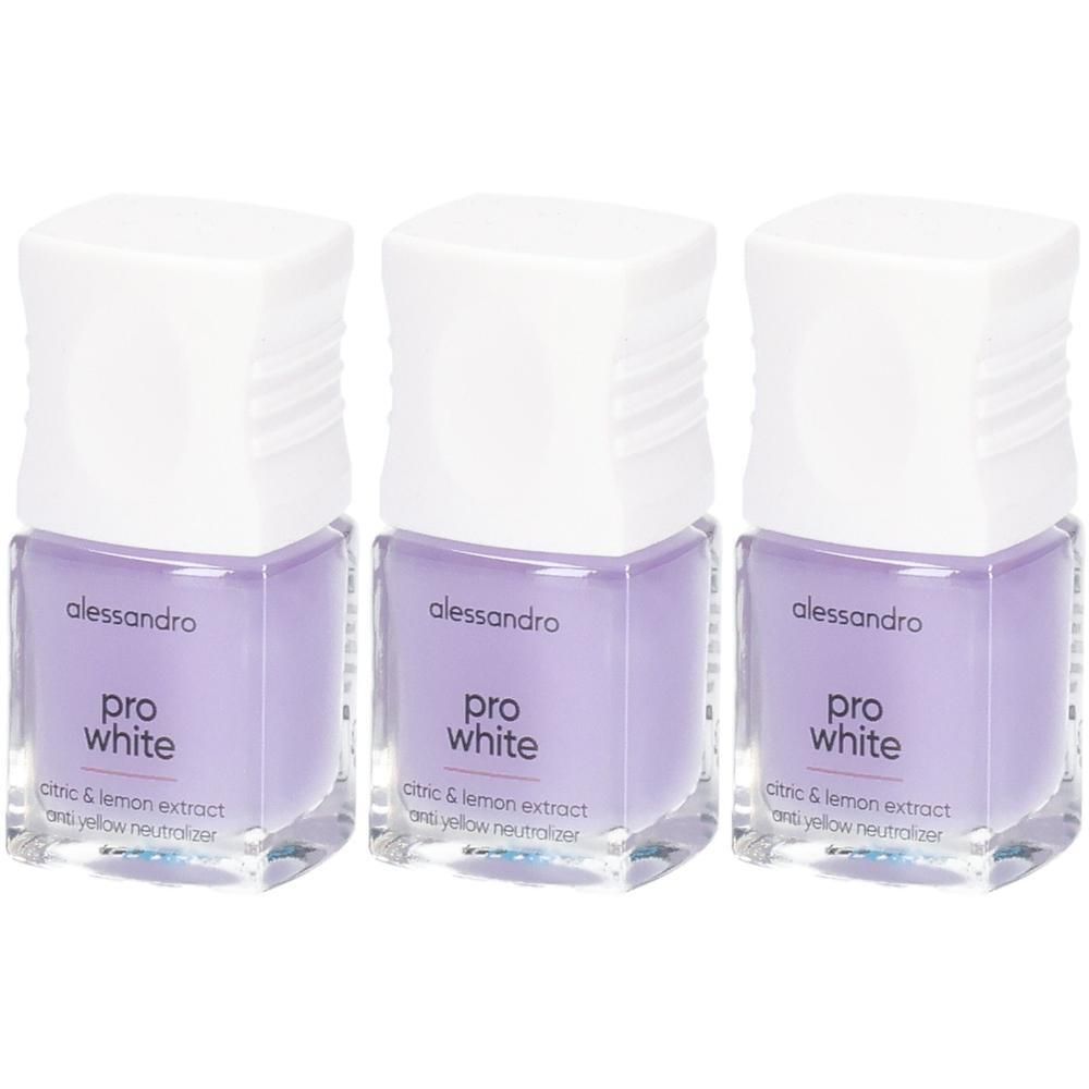 Drei Fläschchen Alessandro Pro White Nagellack mit weißem Deckel und lila Inhalt. Klare Glasflaschen mit Etikett.