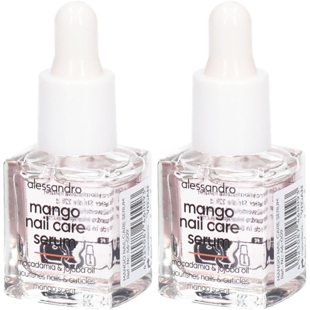 Zwei Flaschen Alessandro Mango Nail Care Serum mit Pipettenverschluss. Klare Flüssigkeit mit Etikett.