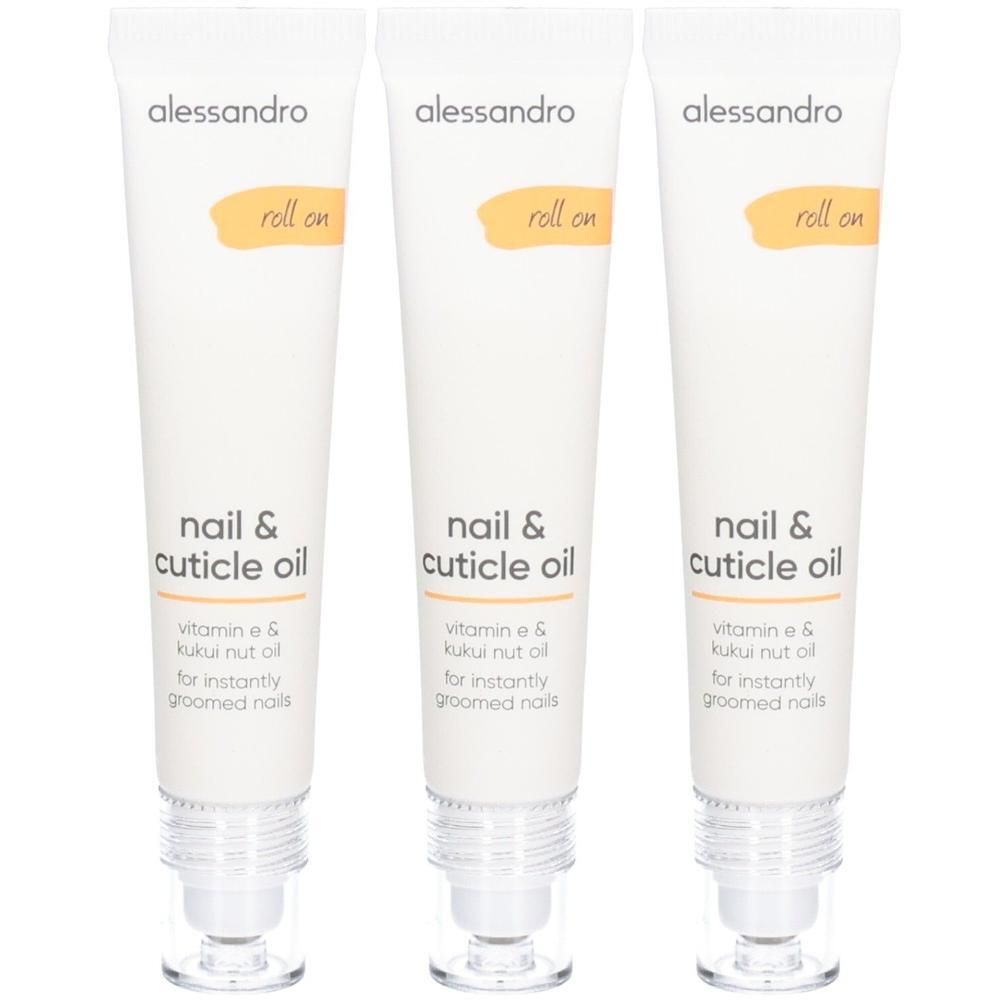 Drei Flaschen Nagel- und Nagelhautöl von Alessandro mit Roll-on-Applikator.