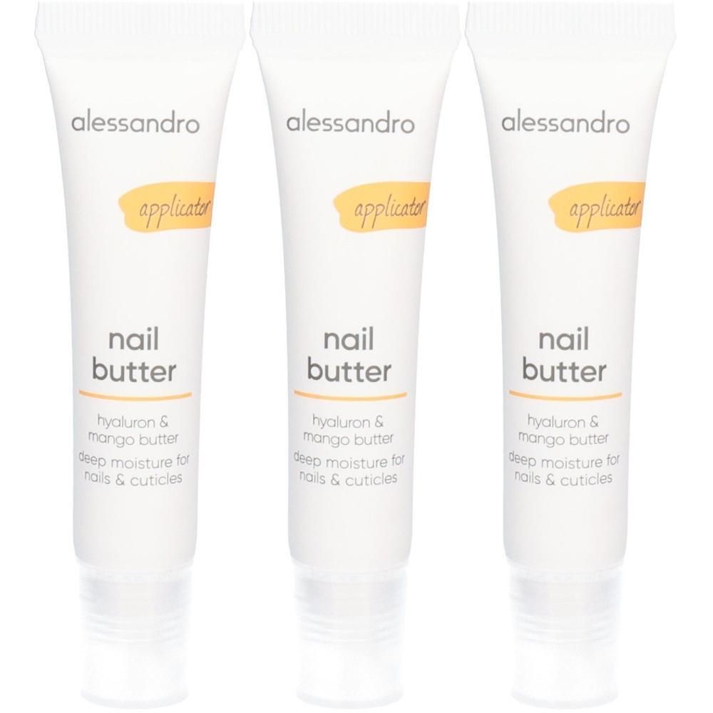 Drei Tuben Alessandro Nail Butter mit Hyaluron & Mango Butter für Nägel & Nagelhaut.