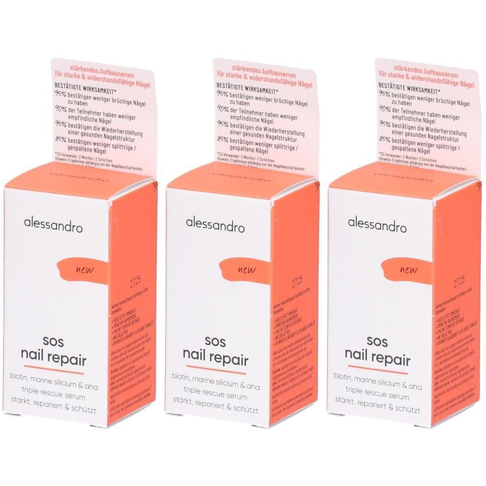 Drei Packungen Alessandro SOS Nail Repair Serum. Stärkendes und reparierendes Serum für Nägel.