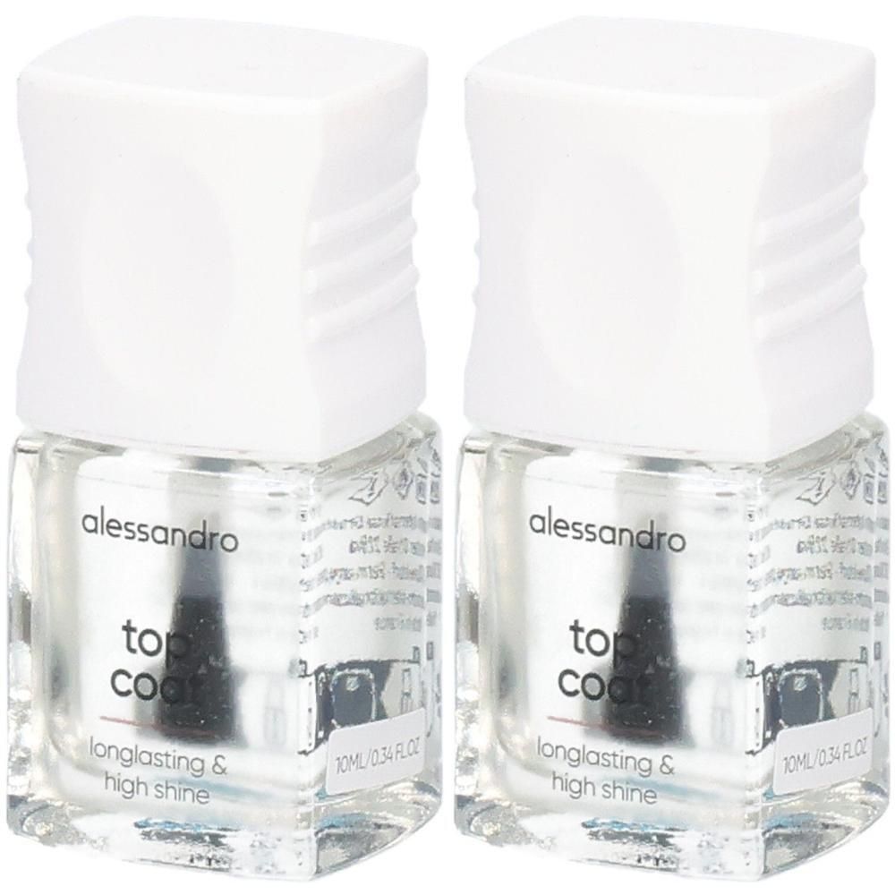 Deux flacons de vernis à ongles Alessandro Top Coat avec bouchon blanc. Liquide clair, inscription "longlasting & high shine".