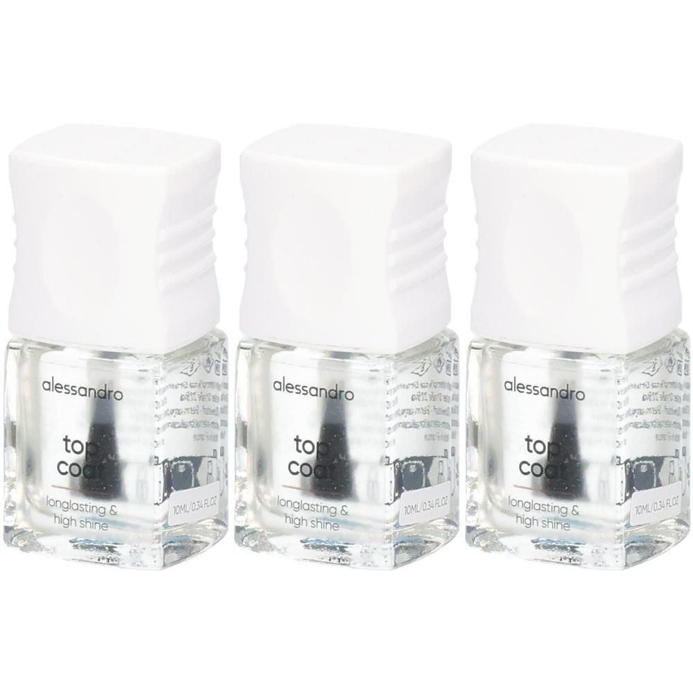 Trois flacons de top coat Alessandro avec bouchon blanc.
