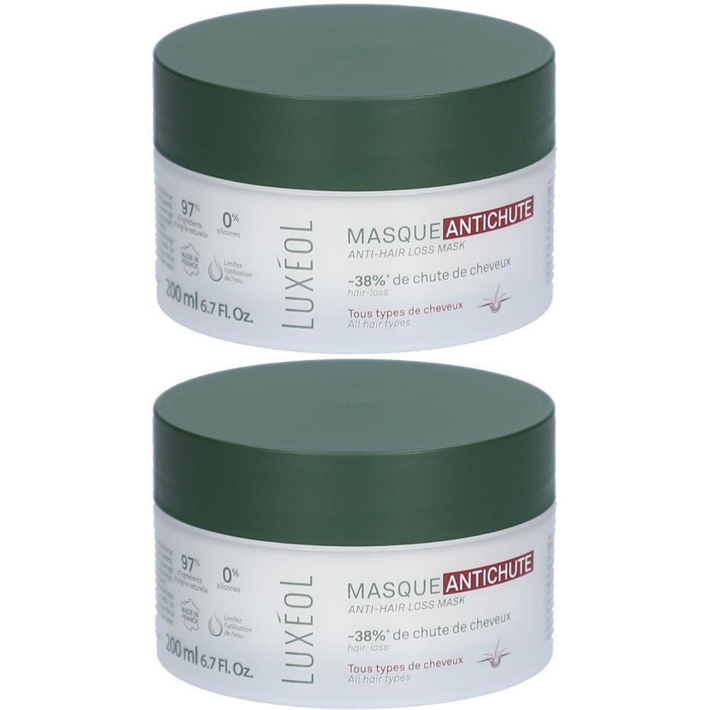 Zwei weiße Tiegel mit grünem Deckel. Aufschrift: MASQUE ANTICHUTE, LUXEOL. 200 ml.
