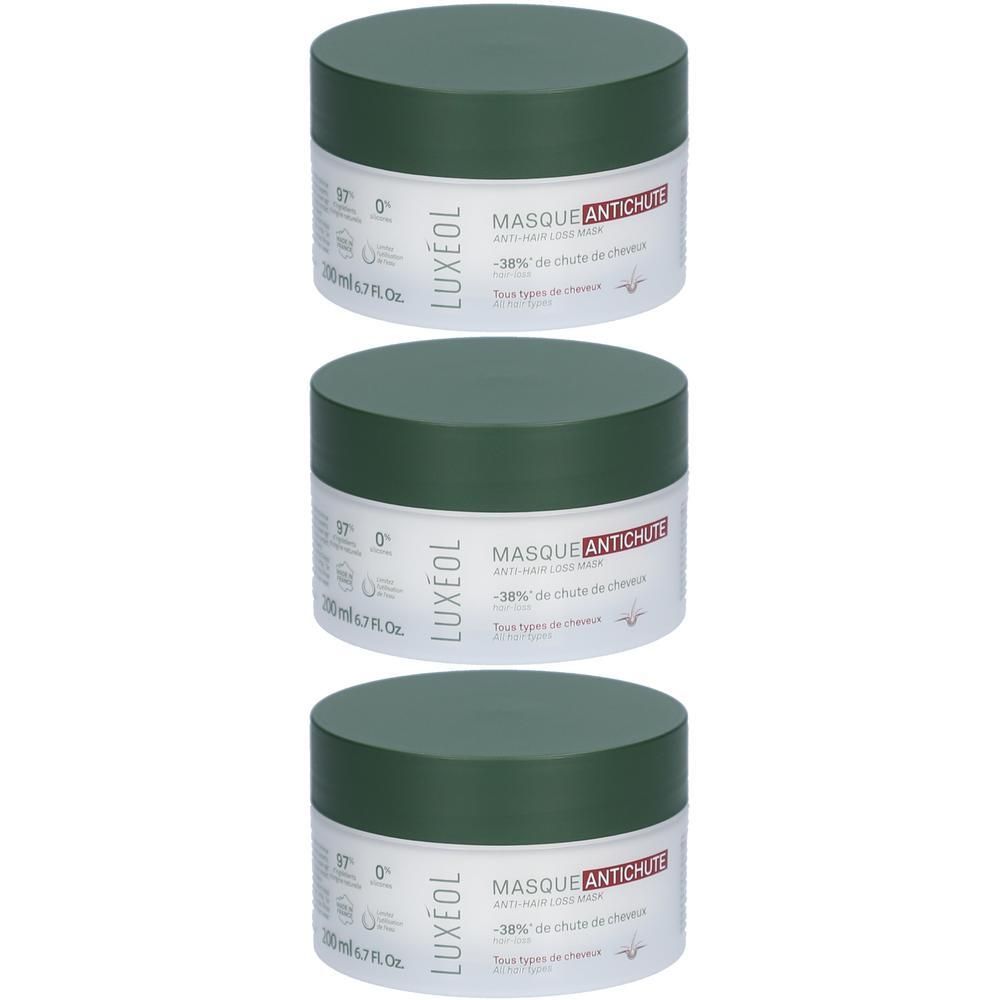 Drei Tiegel mit grünem Deckel. Aufschrift: MASQUE ANTICHUTE, LUXEOL, 200 ml.
