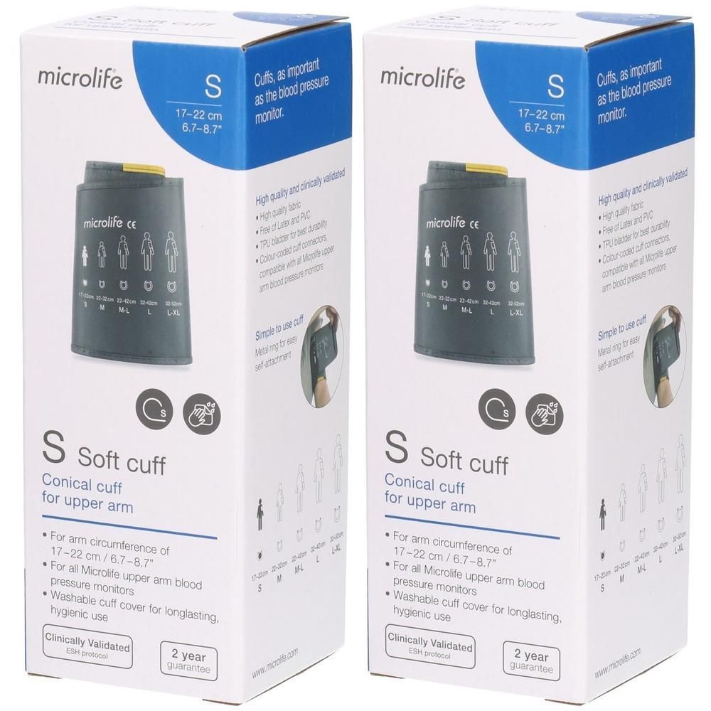 Zwei rechteckige Verpackungen. Aufschrift: Microlife, S Soft Cuff, für Oberarm, 17-22 cm. Mit Manschette und Größenangaben.