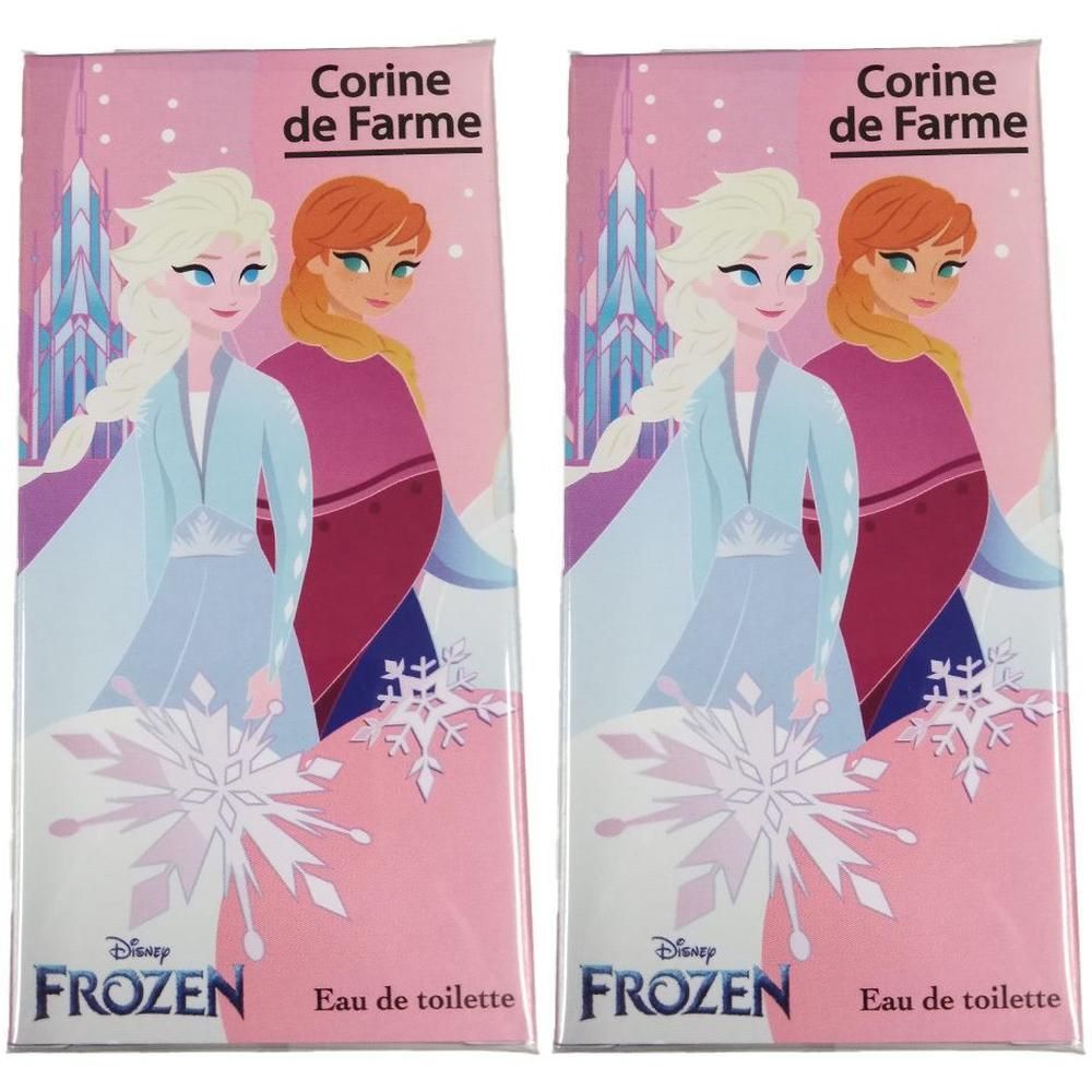 Deux boîtes rectangulaires. Illustration d'Elsa et Anna de Frozen. En haut, Corine de Farme, en dessous Eau de Toilette.