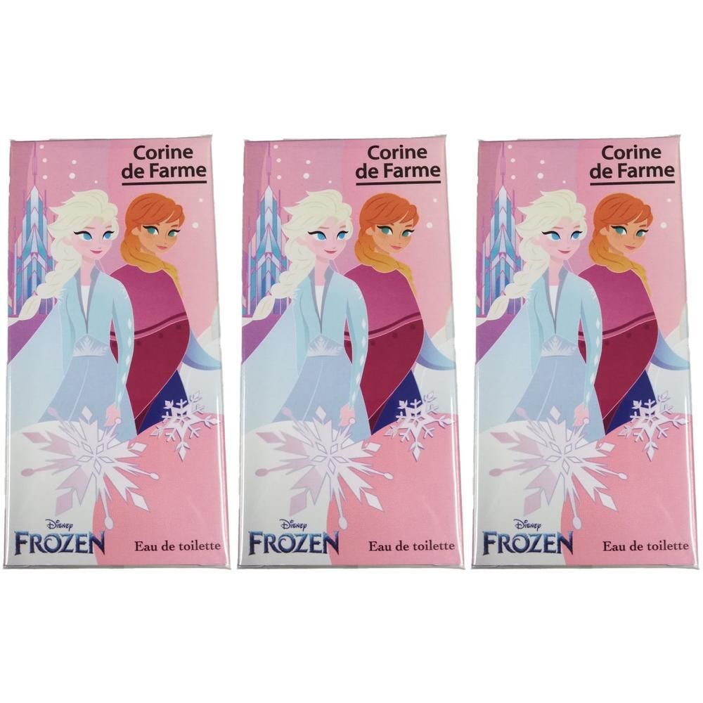 Trois boîtes rectangulaires. Chaque boîte présente Elsa et Anna de Frozen. Le nom "Corine de Farme" est visible en haut.