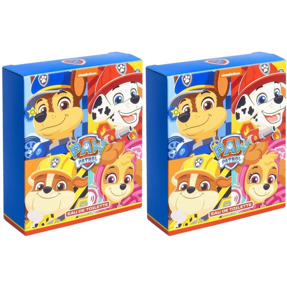 Zwei blaue rechteckige Schachteln mit Paw Patrol-Motiven. Auf jeder Schachtel sind die Charaktere Chase, Marshall, Skye und Rubble abgebildet.