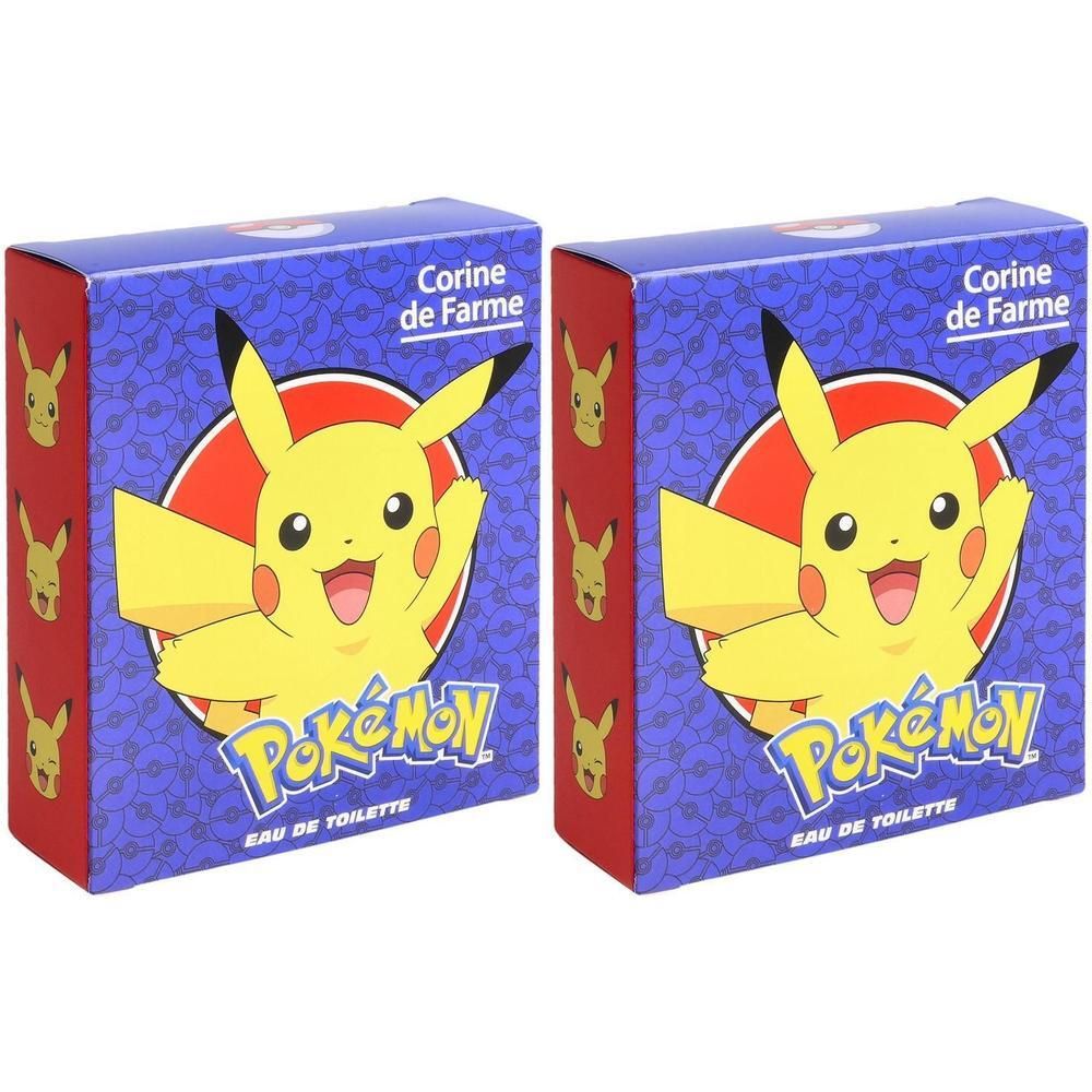 Zwei blaue Kartons mit Pikachu-Illustrationen und dem Pokémon-Logo. Aufschrift: Corine de Farme, Eau de Toilette.