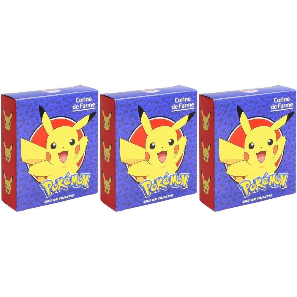 Drei Schachteln mit Pikachu-Motiv. Aufschrift: Corine de Farme, Pokémon, Eau de Toilette. Blaue Verpackung mit gelbem Pikachu.