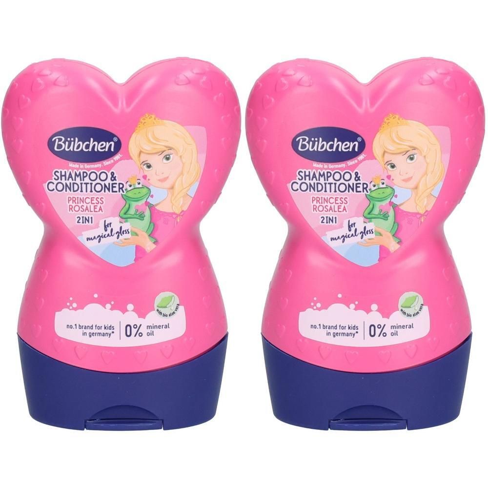 Zwei Bübchen Prinzessin Rosalea 2-in-1 Shampoo & Spülung Flaschen in Herzform.