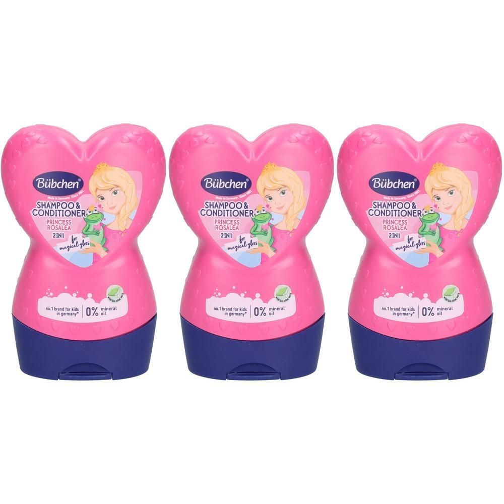 Drei Bübchen Prinzessin Rosalea 2-in-1 Shampoo & Spülung Flaschen in Herzform.