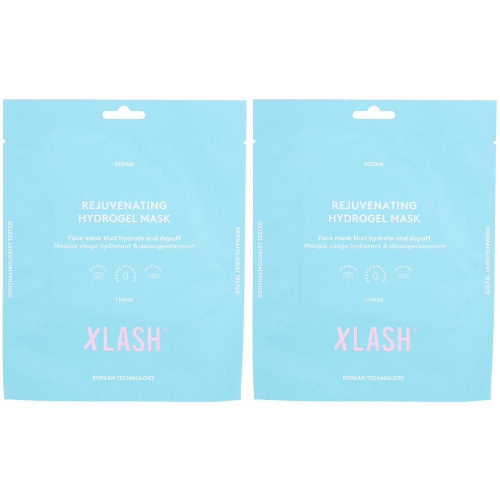 Deux sachets bleus avec l'inscription "REJUVENATING HYDROGEL MASK" et le logo "XLASH".
