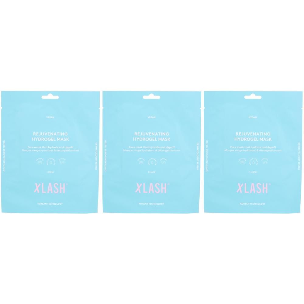 Trois sachets XLASH Rejuvenating Hydrogel Mask. Fond bleu clair, texte rose. Inscription: Rejuvenating Hydrogel Mask.