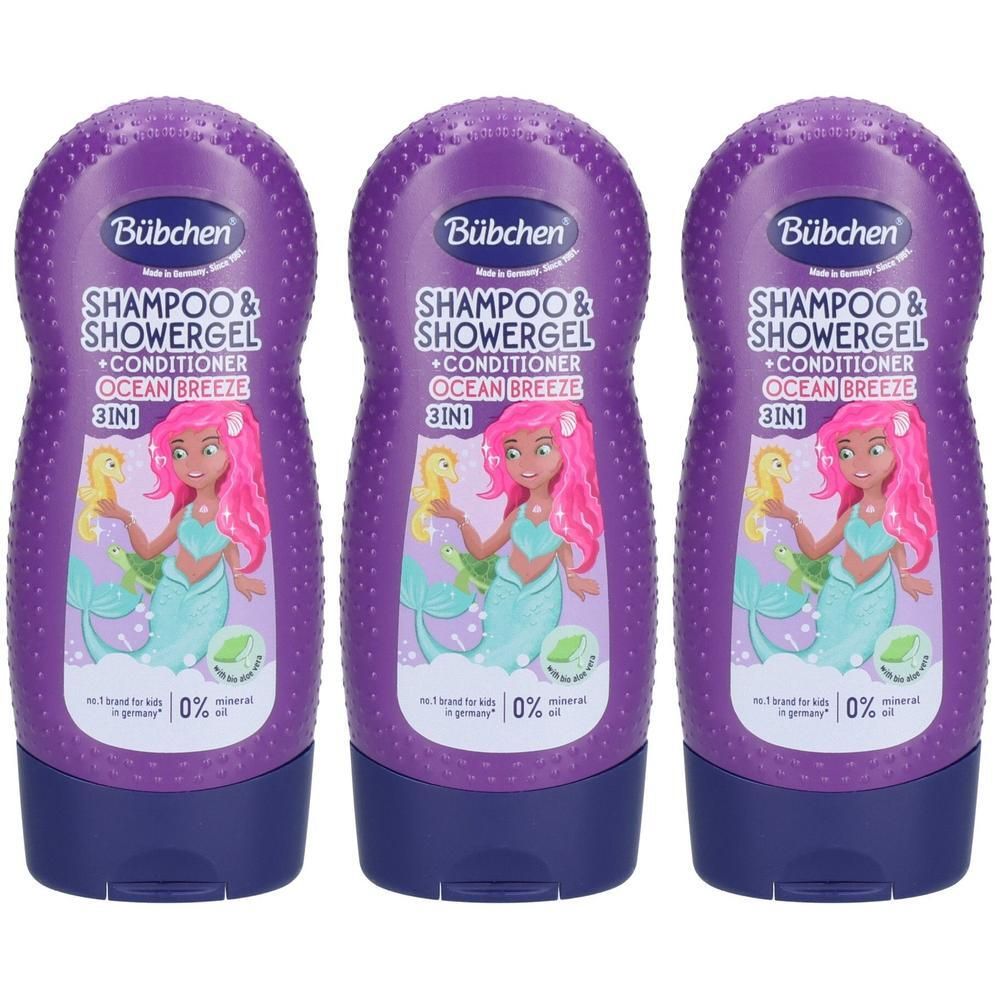 Drei Bübchen 3-in-1 Shampoo & Duschgel Flaschen mit Meerjungfrauen-Motiv.