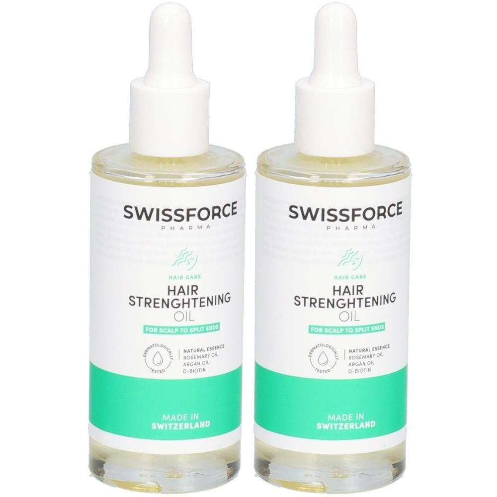 Zwei Flaschen Haaröl mit Pipette. Aufschrift: Swissforce Pharma, Hair Strengthening Oil. Hergestellt in der Schweiz.
