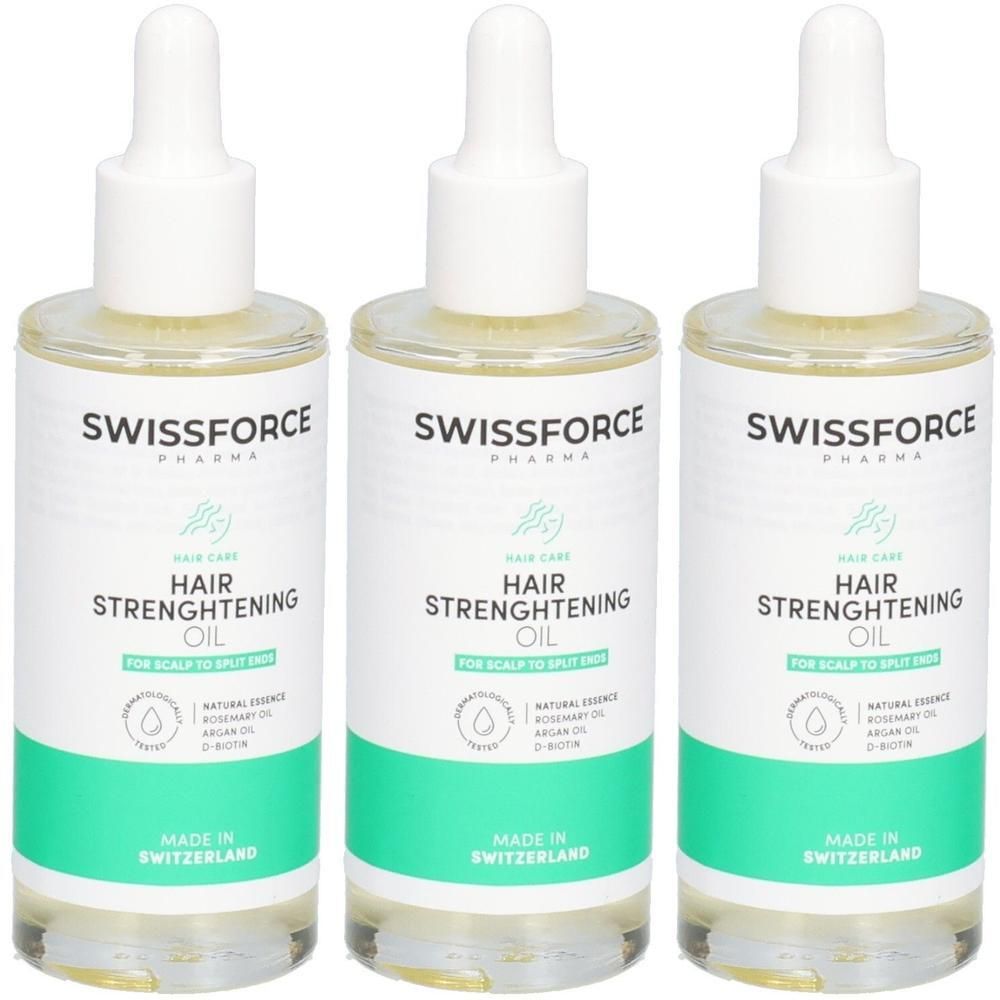 Drei Flaschen Haaröl mit Pipette. Aufschrift: SWISSFORCE, Hair Care, Hair Strengthening Oil. Hergestellt in der Schweiz.