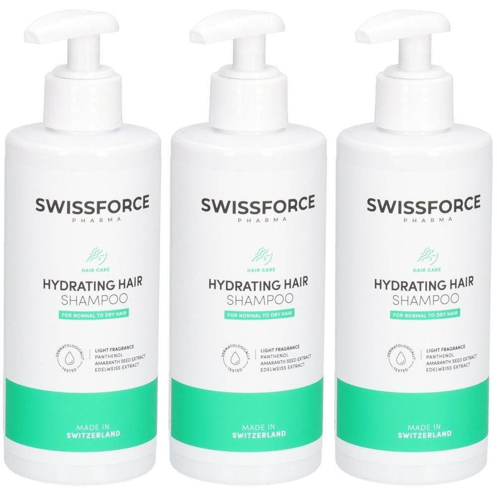 Drei weiße Shampooflaschen mit Pumpaufsatz. Aufschrift: SWISSFORCE, Hydrating Hair Shampoo. Hergestellt in der Schweiz.