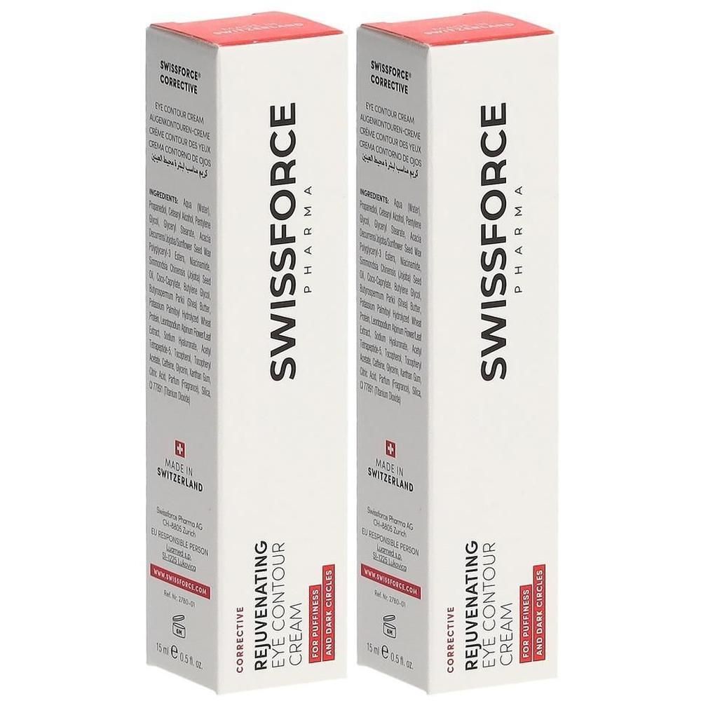 Zwei weiße Faltschachteln mit rotem Deckel. Aufgedruckt ist der Schriftzug SWISSFORCE PHARMA und der Produktname Rejuvenating Eye Contour Cream.