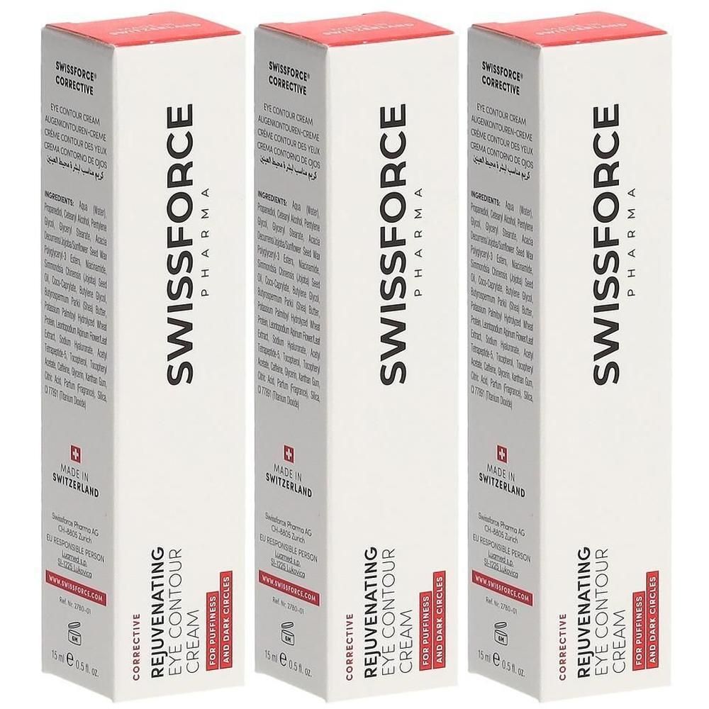 Drei weiße Schachteln mit rotem Deckel. Aufgedruckt: SWISSFORCE, Rejuvenating Eye Contour Cream. Text in Englisch, Französisch und Arabisch.