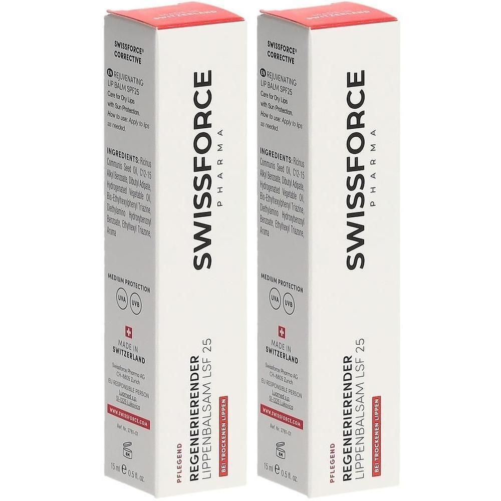 Zwei rechteckige Faltschachteln. Aufdruck: SWISSFORCE, Regenerierender Lippenbalsam LSF 25. Mit Sonnenschutz. Made in Switzerland.