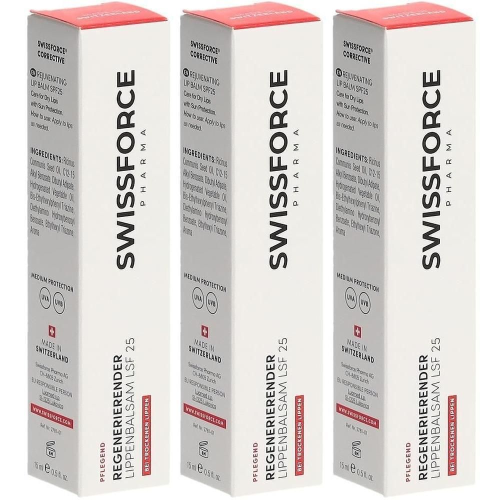 Drei Schachteln Lippenbalsam. Weiß mit rotem Deckel. Aufschrift: SWISSFORCE, REGENERIERENDER LIPPENBALSAM LSF 25. Mit Sonnenschutz.