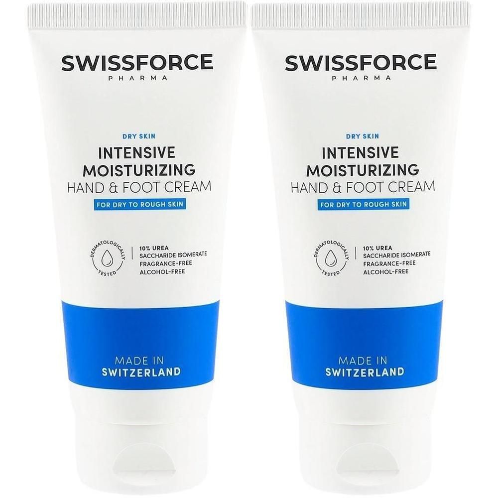 Zwei Tuben Hand- und Fußcreme. Weiß mit blauem Streifen. Aufschrift: SWISSFORCE, DRY SKIN, INTENSIVE MOISTURIZING HAND & FOOT CREAM. Dermatologisch getestet.