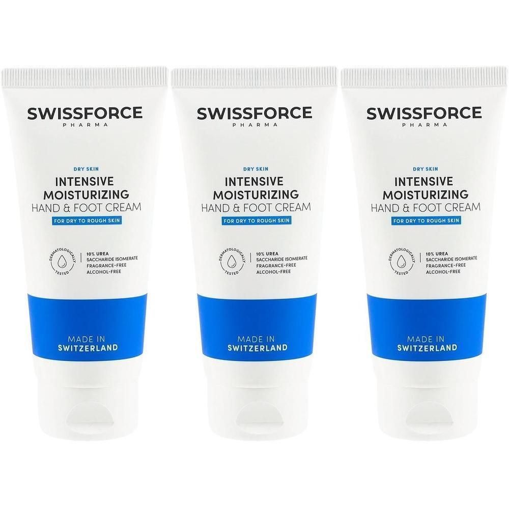Drei Tuben Hand- und Fußcreme. Weiß, blau und Schriftzug: SWISSFORCE, INTENSIVE MOISTURIZING, HAND & FOOT CREAM.