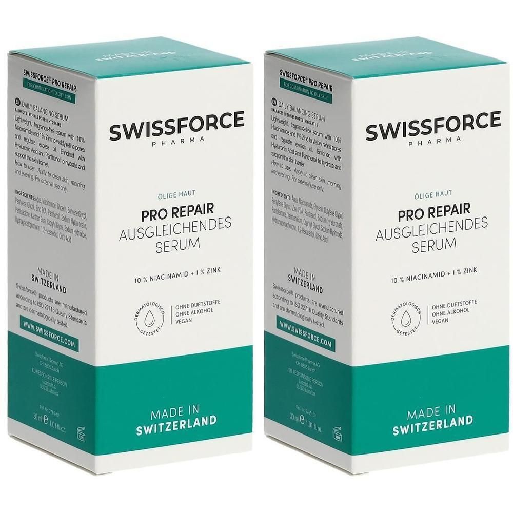 Zwei rechteckige Schachteln. Aufschrift: SWISSFORCE, PRO REPAIR AUSGLEICHENDES SERUM. Grün-weiße Verpackung. Hergestellt in der Schweiz.