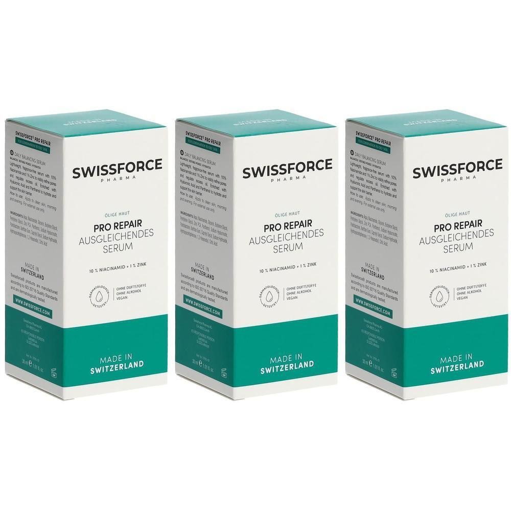 Drei rechteckige Schachteln. Aufschrift: SWISSFORCE, PRO REPAIR AUSGLEICHENDES SERUM. Grün-weiße Verpackung. Hergestellt in der Schweiz.