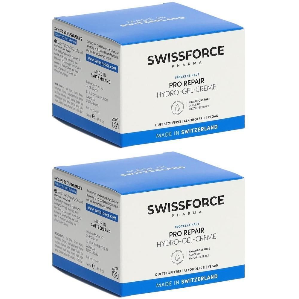 Zwei quadratische Kartons. Blaue Deckel, weiße Seiten. Aufschrift: SWISSFORCE, PRO REPAIR HYDRO-GEL-CREME. Hergestellt in der Schweiz.